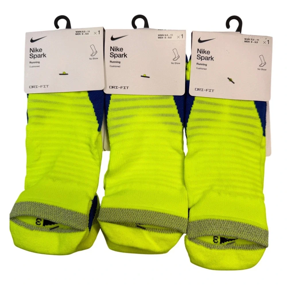 3 Nike Spark Running Cushioned No Show Socks Volt yellow Blue M 8-9.5 W 9.5-11